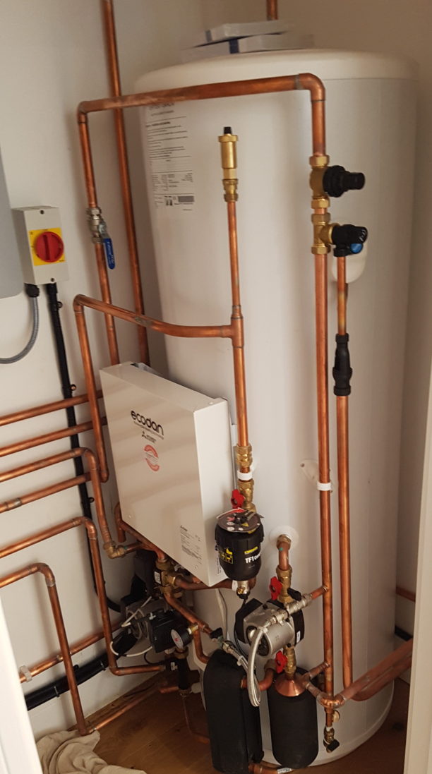 A 250L hot water cylinder installed as part of an 11.2kW Mitsubishi Ecodan air source installation.