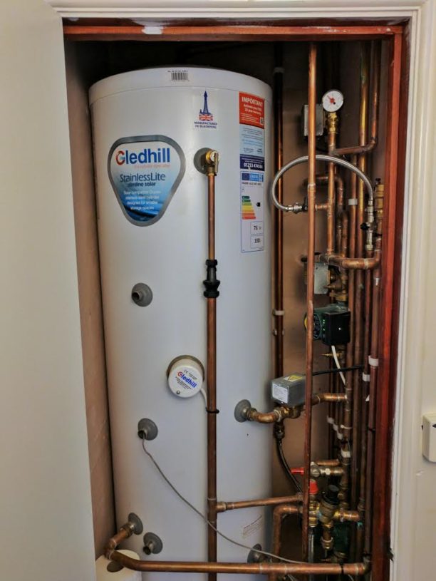A 180l hot water cylinder installed as part of an 8.5kW Mitsubishi air source heat pump system.