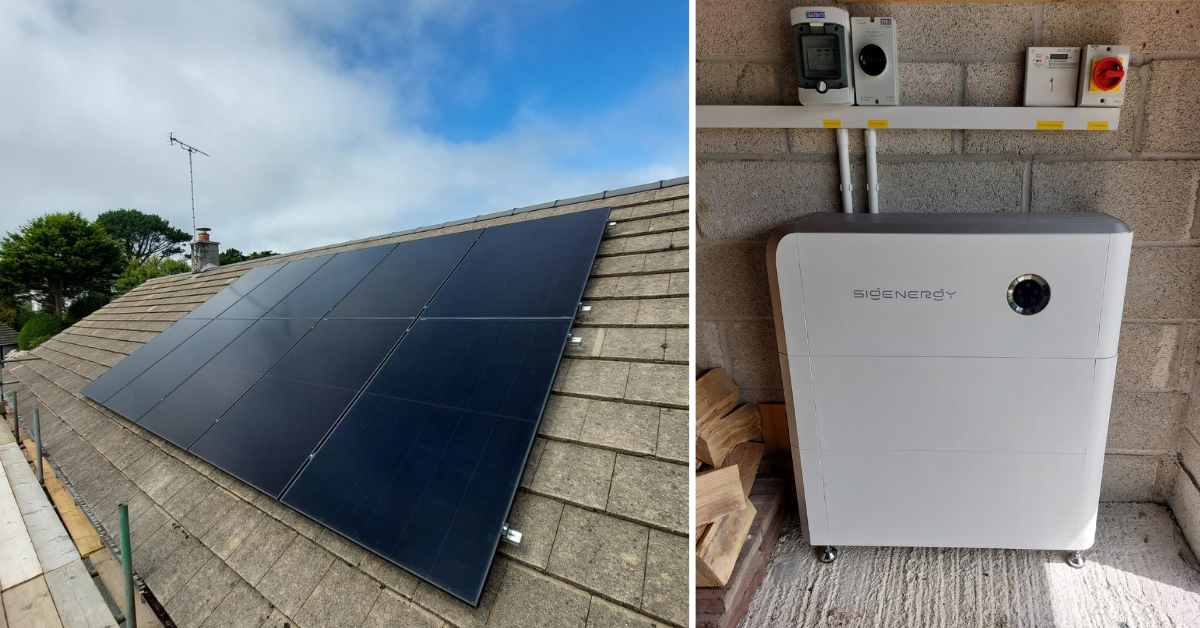 Aiko 470W all-black solar panels installed on a residential roof in Ruan Minor, Cornwall.