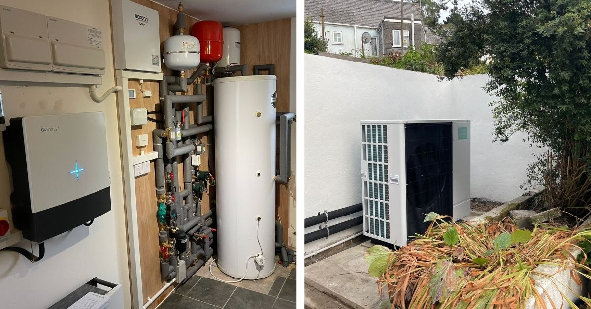 Mitsubishi Ecodan heat pump cylinder installed alongside a GivEnergy battery system in Cornwall home