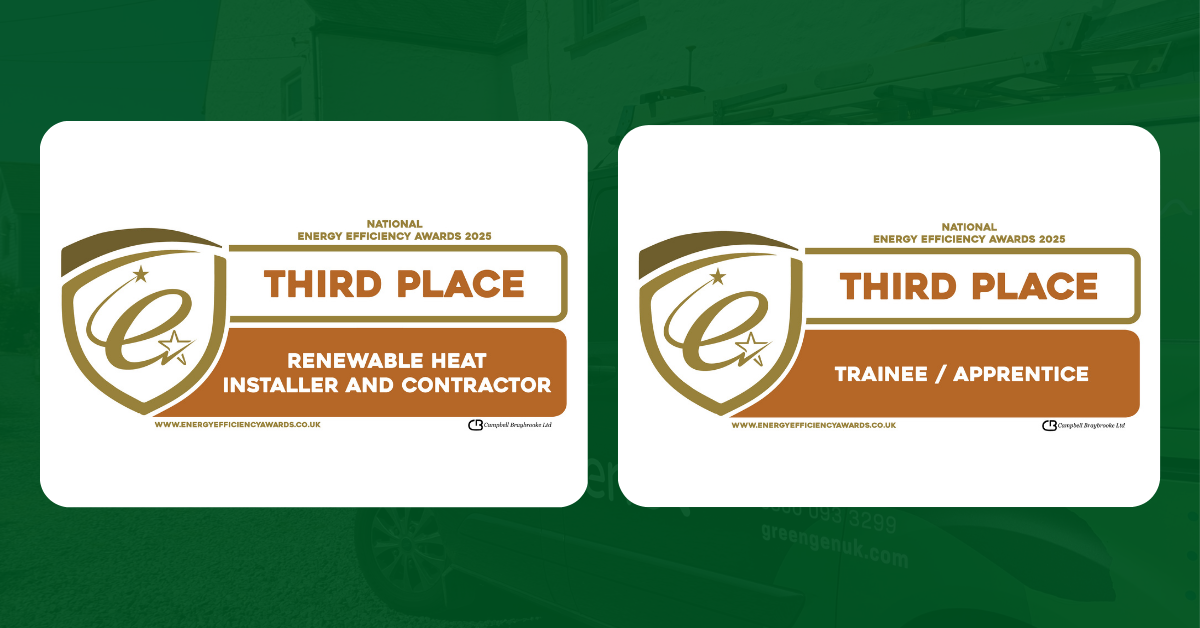 GreenGenUK team receiving 3rd place at the 2025 Energy Efficiency Awards for Renewable Heating Installer of the Year.