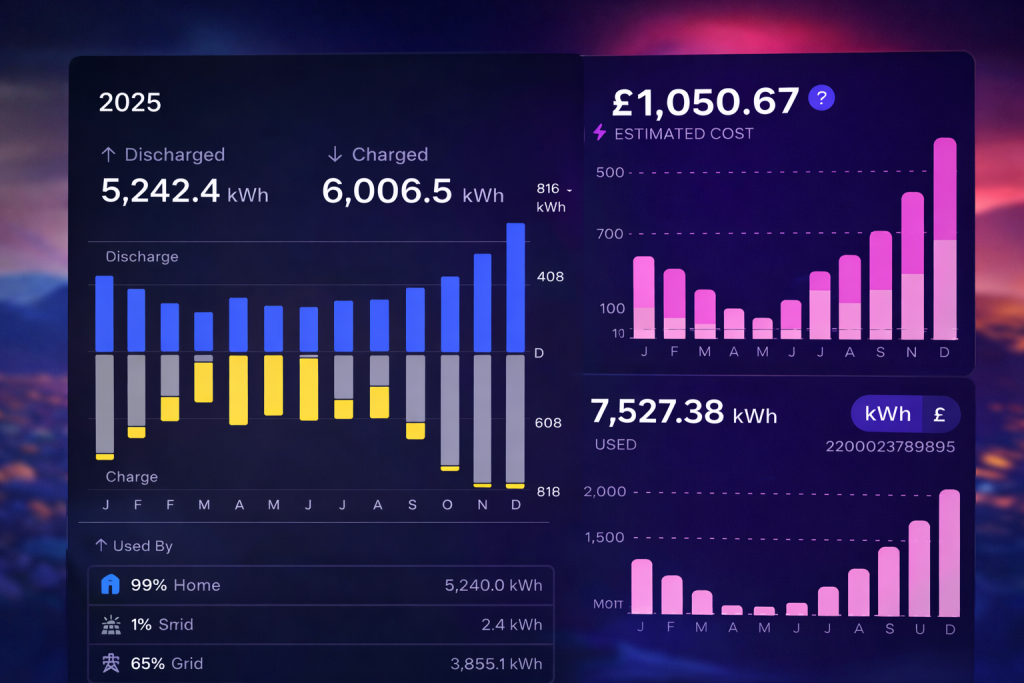 Energy dashboard showing 12 months of battery storage and heat pump electricity usage in a UK home