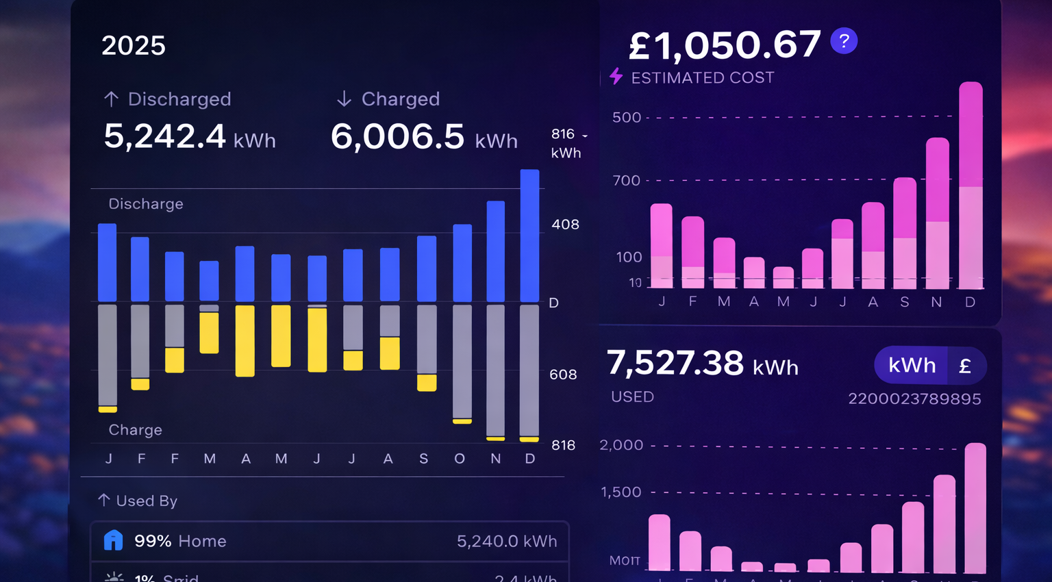 Energy dashboard showing 12 months of battery storage and heat pump electricity usage in a UK home